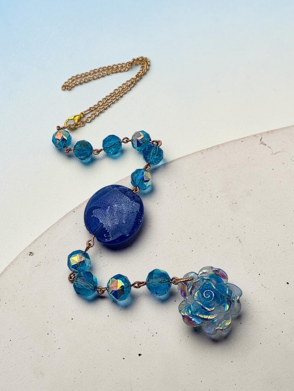Blue Crystal Beaded Car Charm with Iridescent Rose Pendant